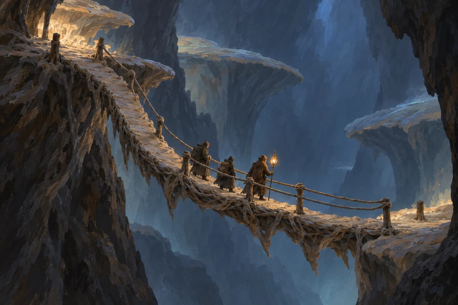 Reisende steigen über eine gewachsene Myzelbrücke in eine gewaltige leuchtende Höhle hinab.