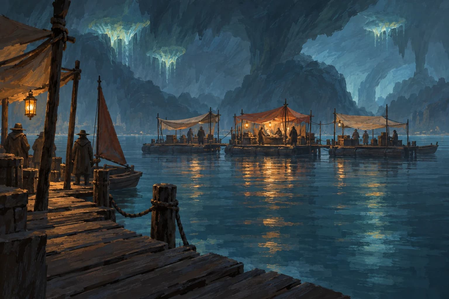 Connected market rafts float beneath luminous fungi in Lumen Hollow.
