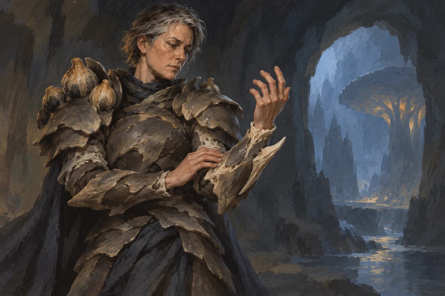 An adventurer examines the living joints of her grown chitin armor.