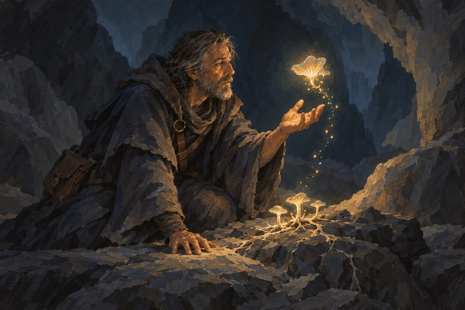 A spellcaster coaxes a luminous fungal bloom above his open hand.