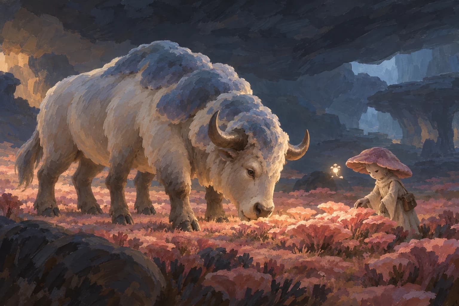 A six-legged Velvet Ox grazes beside a Myconid tending the rosy fungal meadow.