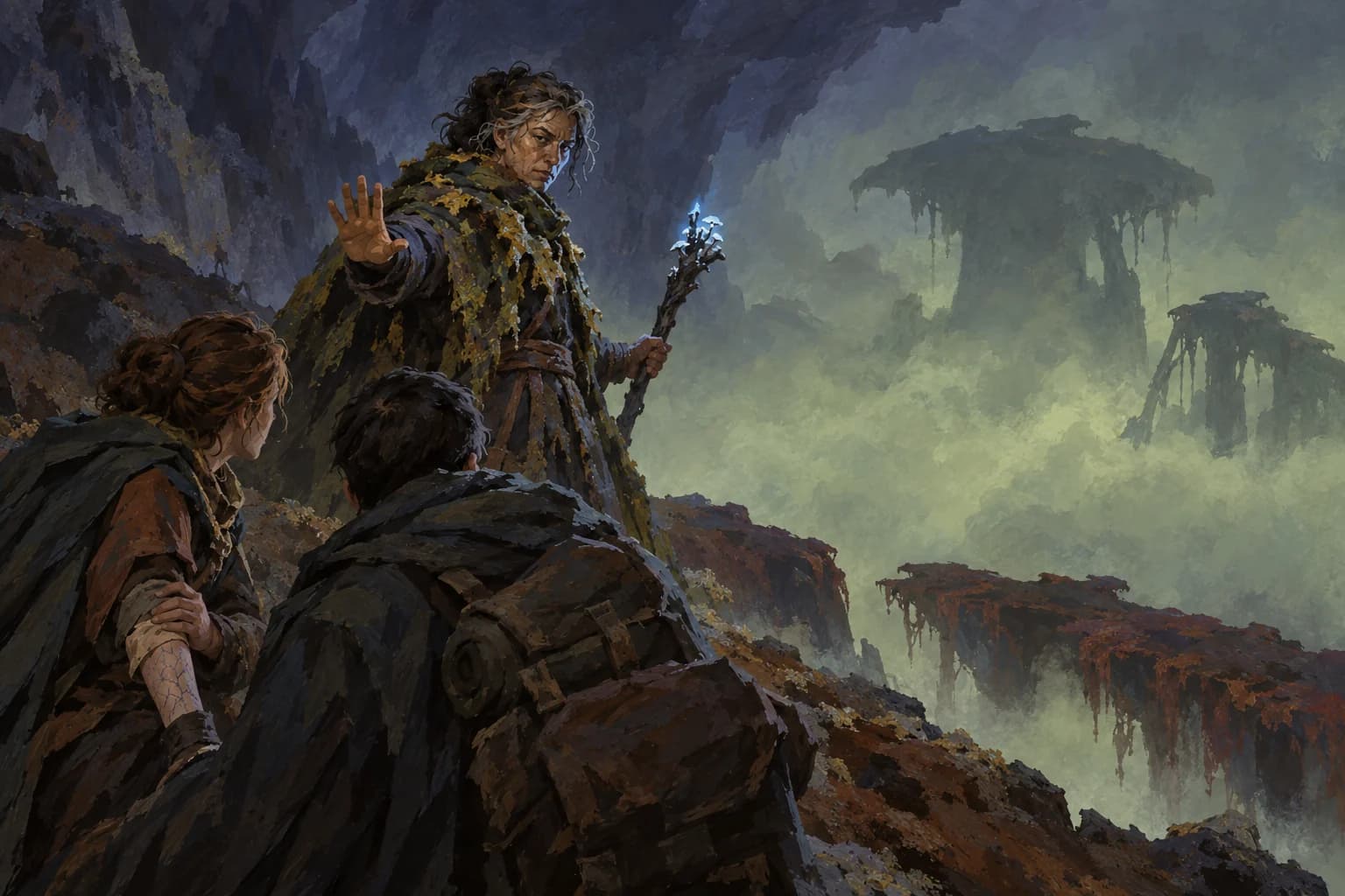 A guide raises a warning hand before travelers enter the pale fog of the Weeping Front.